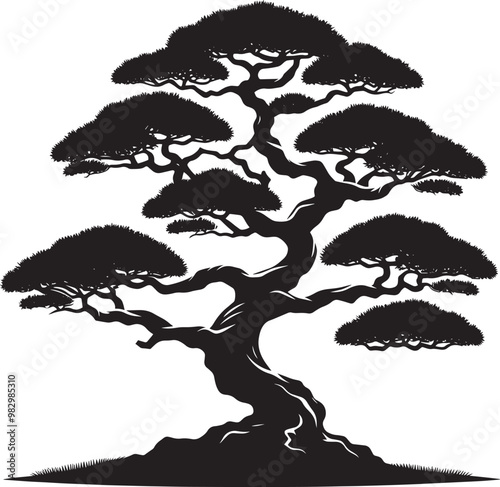 Beautiful bonsai tree silhouette vector illustration isolated on a white background