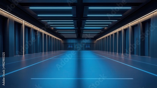 Futuristic interior space with blue lighting and sleek architecture, perfect for technology or design projects.