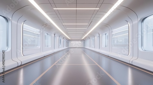 A modern, spacious corridor with sleek walls and large windows, perfect for futuristic architectural designs and transportation concepts. photo