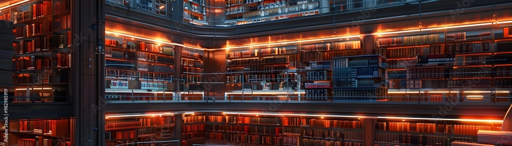 Stunning library interior featuring illuminated shelves filled with books, creating a warm and inviting atmosphere for reading. Stunning library interior featuring illuminated shelves filled with books, creating a warm and inviting atmosphere for reading.