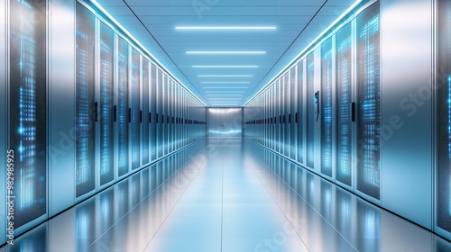 Futuristic data center corridor with illuminated servers and sleek design, symbolizing advanced technology and innovation.