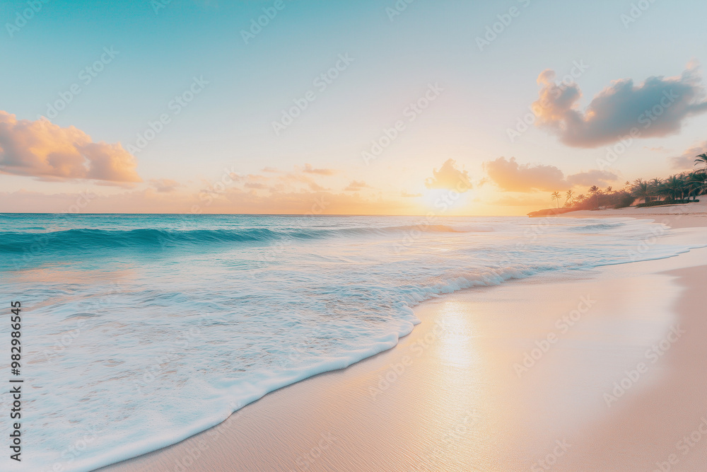 Serene beach at sunrise, with gentle waves lapping the shore and a peaceful, pastel-colored sky Serene beach at sunrise, with gentle waves lapping the shore and a peaceful, pastel-colored sky