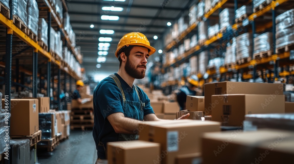 Warehouse Worker Sorting Boxes in Busy Storage Area Warehouse Worker Sorting Boxes in Busy Storage Area