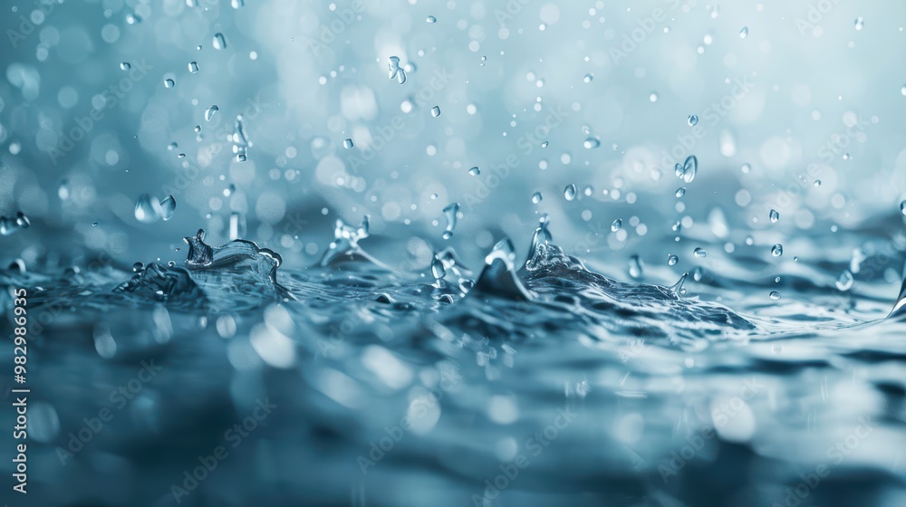 A close-up view of raindrops creating ripples in water, showcasing a calming blue ambiance, perfect for nature themes.