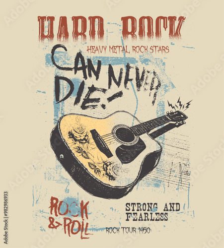 Hard Rock. Rock and roll vintage print design. Music guitar with rose flower. Guitar vector artwork for apparel, stickers, posters, background and others.