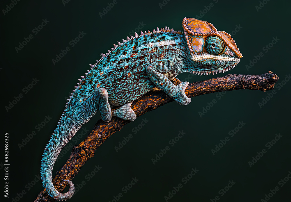 Fototapeta premium Chameleon with Intricate Patterns Resting on Branch – Wildlife Close-Up