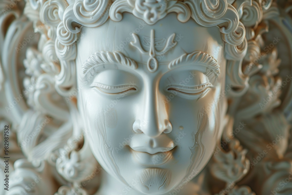 A white statue of a face with a serene expression A white statue of a face with a serene expression