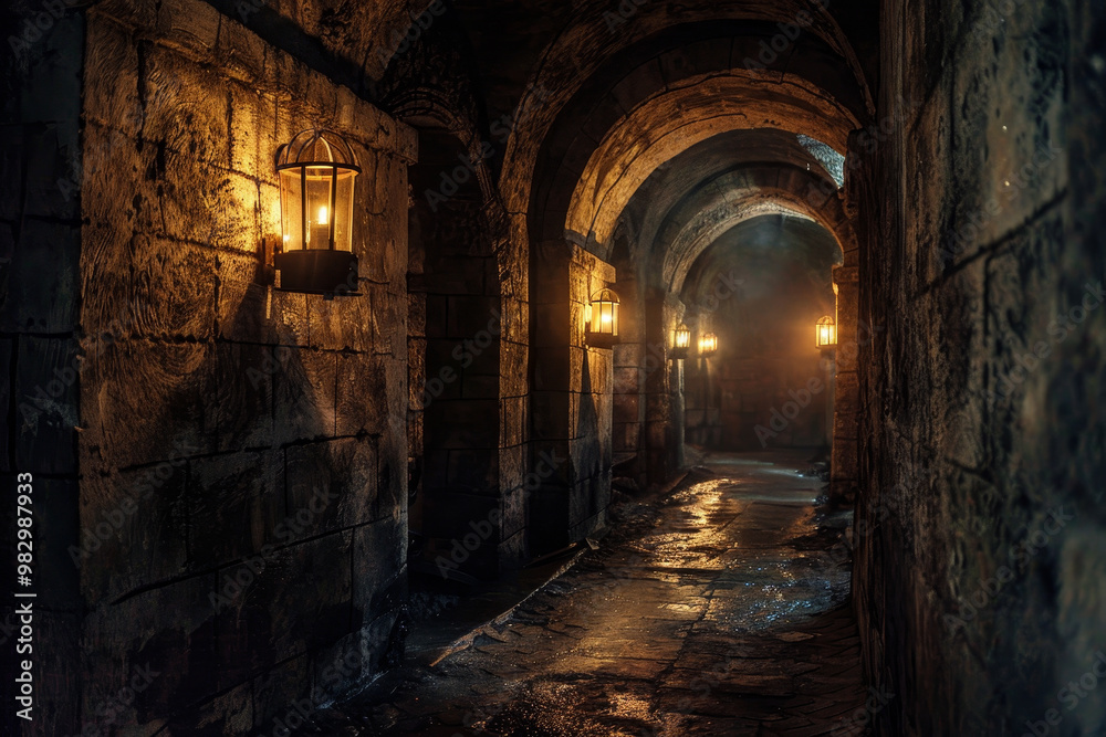 A dark, narrow passage with a few lanterns hanging from the ceiling A dark, narrow passage with a few lanterns hanging from the ceiling