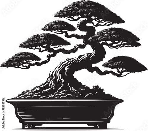 Beautiful bonsai tree silhouette vector illustration isolated on a white background