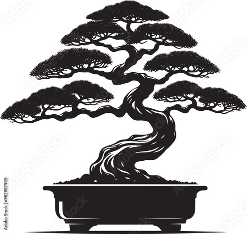 Beautiful bonsai tree silhouette vector illustration isolated on a white background