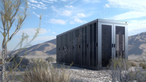 A modern data center container situated in a desert environment, showcasing innovative technology against a scenic backdrop.