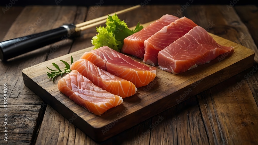 Close up of Fresh set of raw sashimi Tuna and salmon fillet steak on wooden board background Close up of Fresh set of raw sashimi Tuna and salmon fillet steak on wooden board background