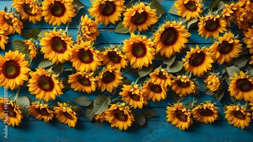 Autumn background with sunflowers on blue wooden board