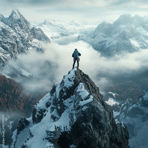 Adventurer on Mountain Peak Surrounded by Clouds
