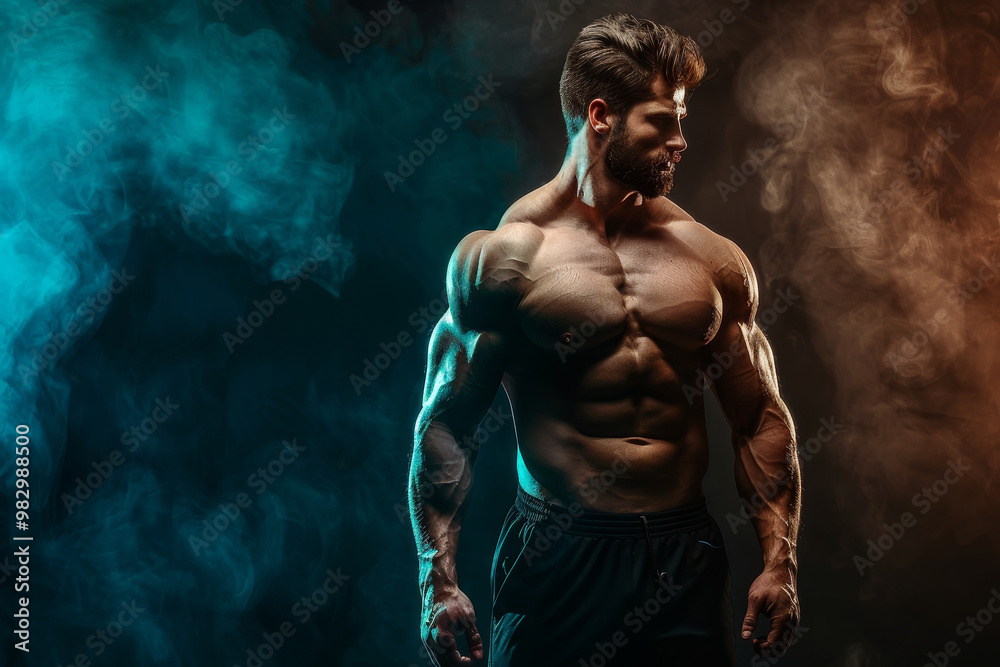 Obraz premium A muscular man stands in front of a blurry background with smoke