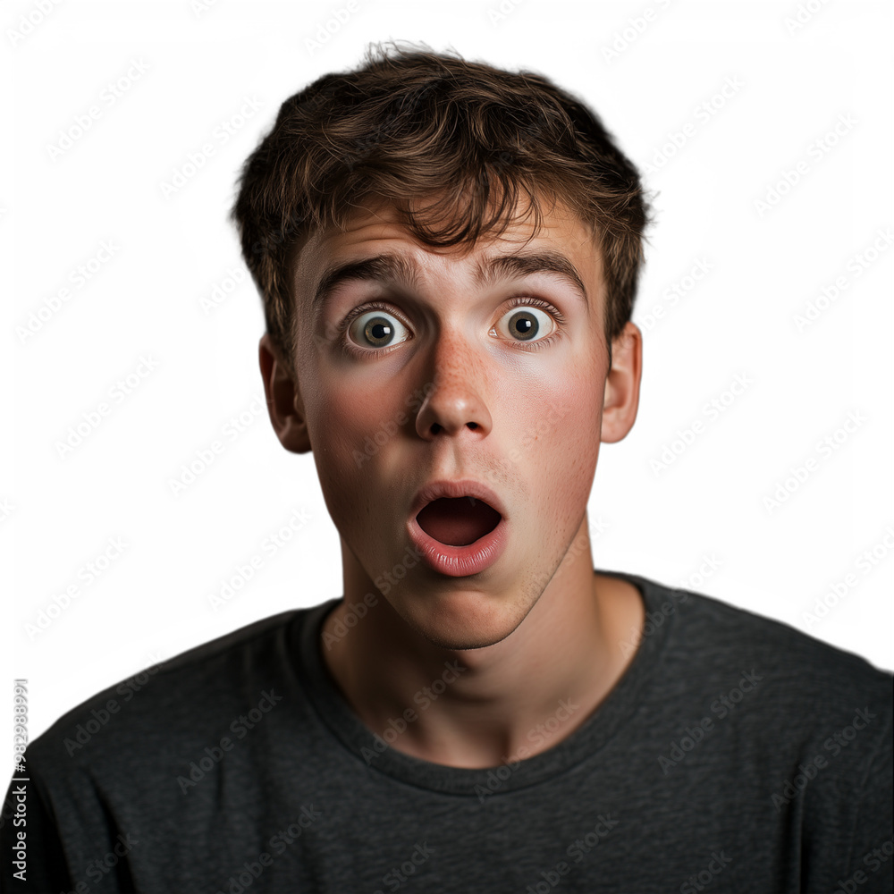 Surprised young man with an open mouth, wearing a gray shirt, isolated on a transparent background Surprised young man with an open mouth, wearing a gray shirt, isolated on a transparent background