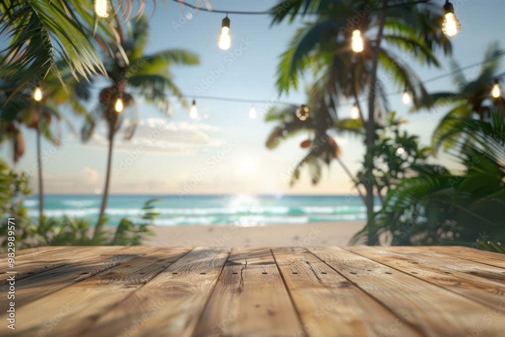 Fototapeta premium A serene beach scene with wooden deck, palm trees, and glowing lights, perfect for relaxation and vacation imagery.