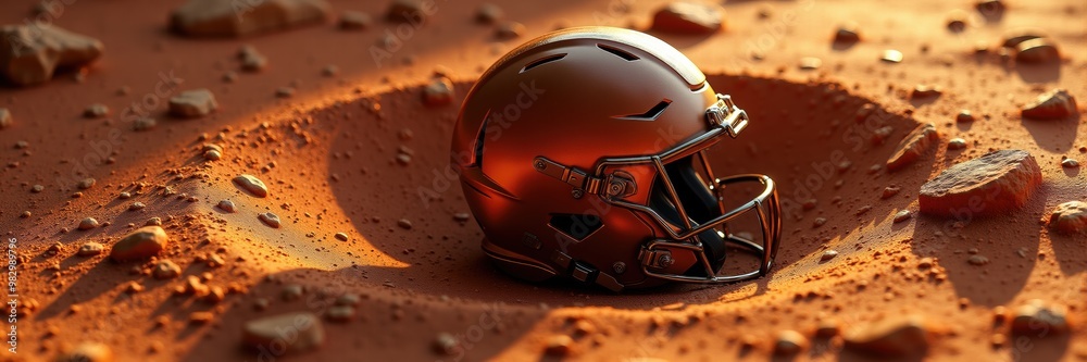 A striking football helmet rests in a desert-like landscape, symbolizing perseverance and strength in sports. Ideal for athletic branding or promotional content. A striking football helmet rests in a desert-like landscape, symbolizing perseverance and strength in sports. Ideal for athletic branding or promotional content.