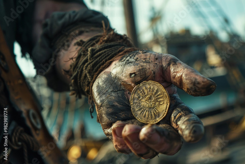 A hand holding a gold coin with a dirty, ragged appearance