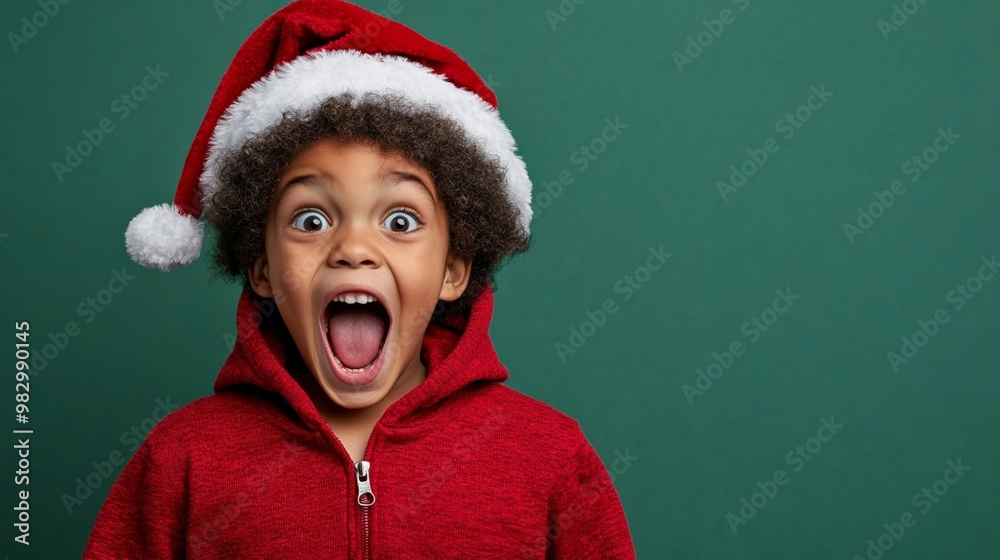 Excited child in Santa hat and red hoodie expresses pure joy and surprise against green background, capturing the magic of Christmas anticipation. Excited child in Santa hat and red hoodie expresses pure joy and surprise against green background, capturing the magic of Christmas anticipation.