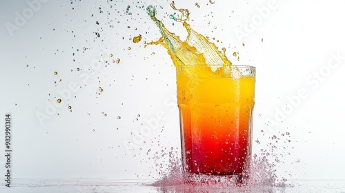 A refreshing glass of juice spills, creating a colorful splash against a clean white backdrop.