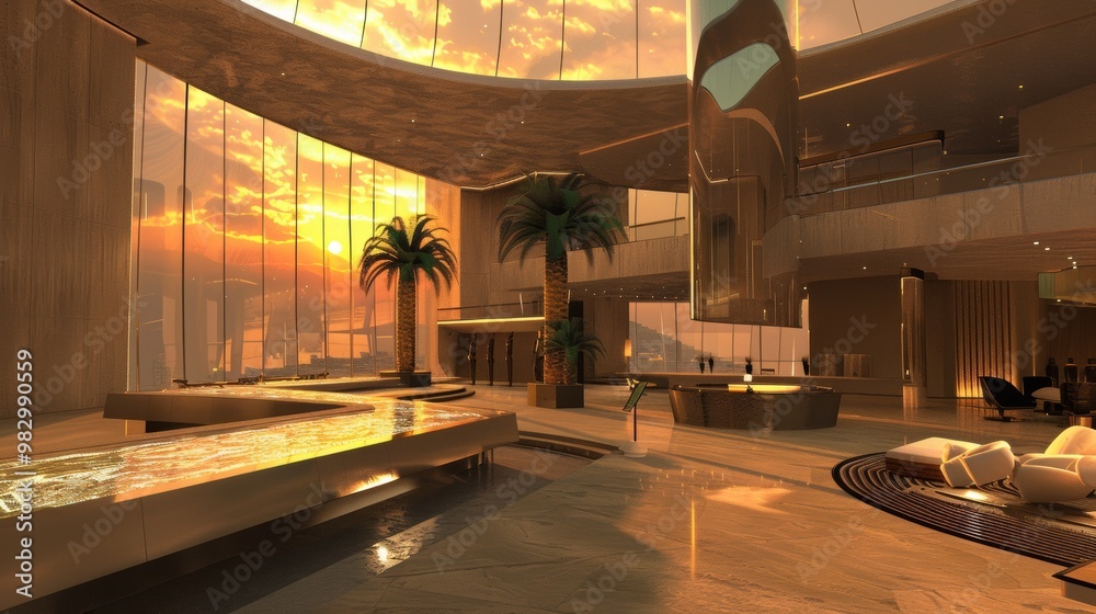 Luxurious Tropical Resort Interior with Stunning Sunset View Luxurious Tropical Resort Interior with Stunning Sunset View