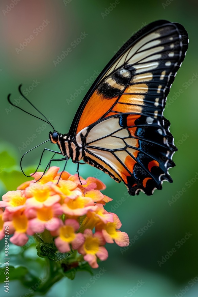Obraz premium Close-up of a butterfly perched on a colorful bloom, with blurred greenery in the background creating a dreamy effect