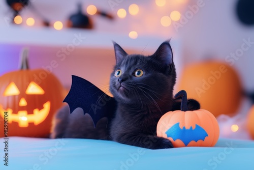 Spooky Feline Festivities: A charming grey cat dressed as a bat for Halloween, posing majestically amidst pumpkins and festive lights.