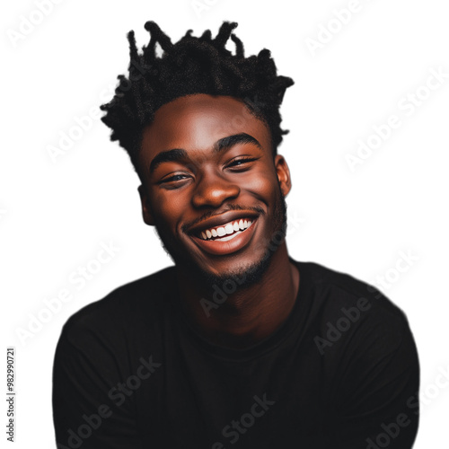 Cheerful young man laughing, wearing a black t-shirt, isolated on a transparent background