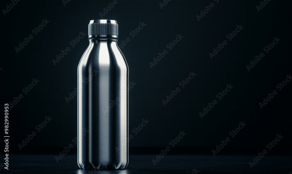 A silver water bottle on a black background. A silver water bottle on a black background.