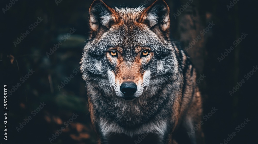 A scary wolf's face against a dark backdrop. A scary wolf's face against a dark backdrop.