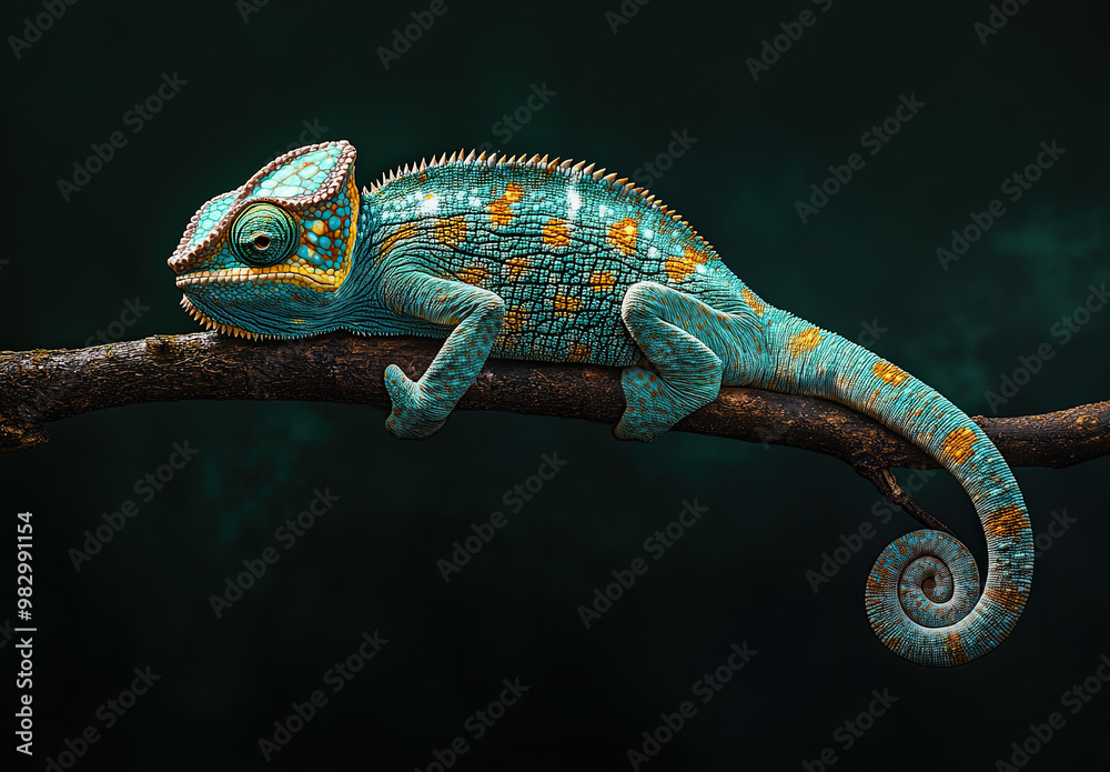 Fototapeta premium Beautiful Blue and Orange Chameleon on Branch – Wildlife Stock Photo
