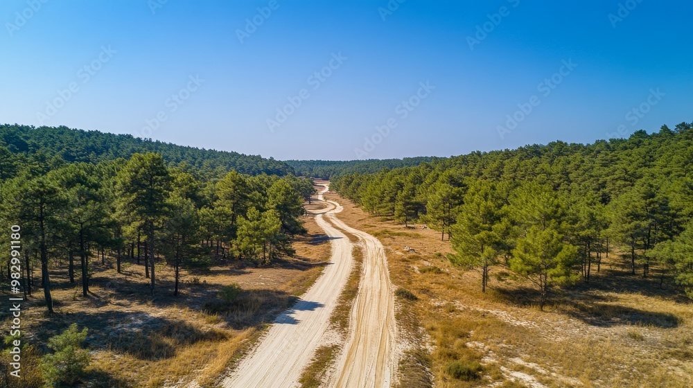 A sandy road winds through a pine forest. The sky is clear and blue. The road leads into the woods, offering a beautiful view of the Azerbaijan countryside. A sandy road winds through a pine forest. The sky is clear and blue. The road leads into the woods, offering a beautiful view of the Azerbaijan countryside.