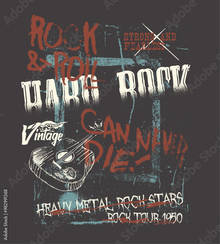 Rock and roll vintage t shirt design. Rock and roll vector t-shirt design. Live forever. Music world tour artwork. Wild and free. Music slogan logo design.