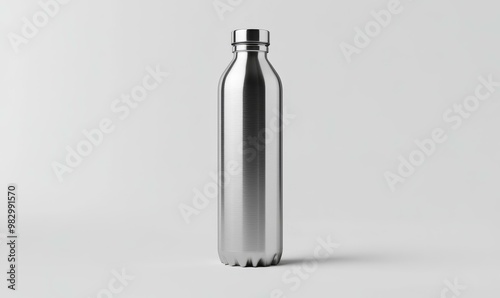 A silver water bottle on a white background.