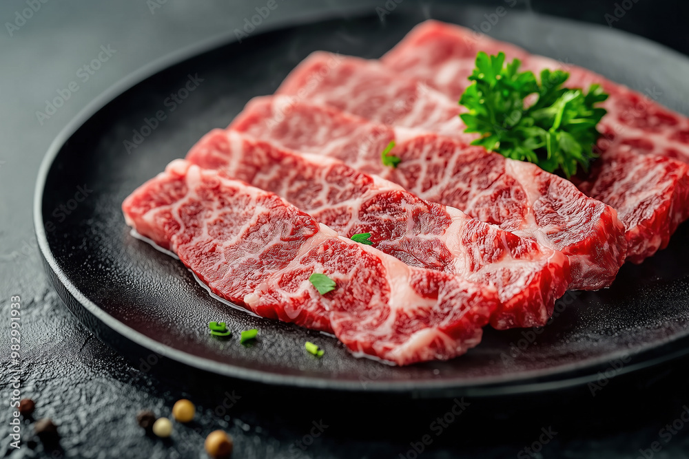 Sliced wagyu marbled beef for yakiniku on plate on black background. Sliced wagyu marbled beef for yakiniku on plate on black background.