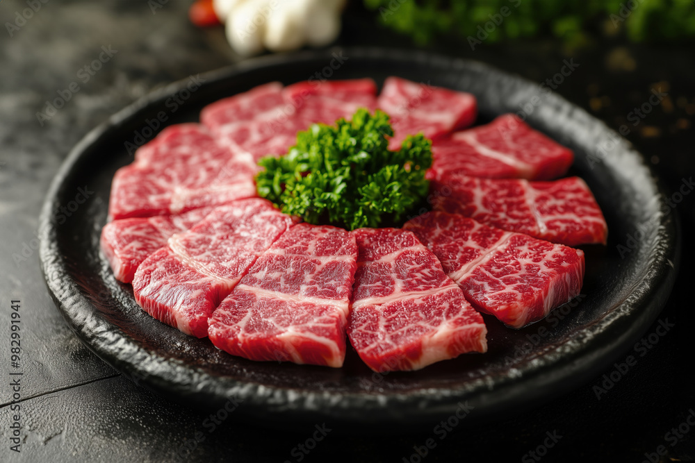 Sliced wagyu marbled beef for yakiniku on plate on black background.