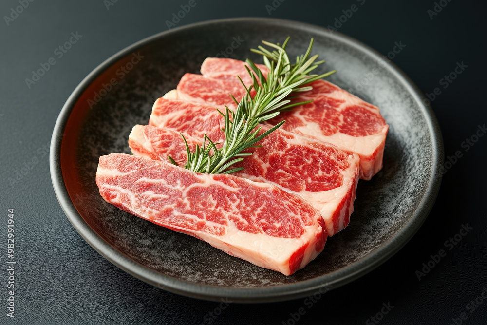 Sliced wagyu marbled beef for yakiniku on plate on black background. Sliced wagyu marbled beef for yakiniku on plate on black background.