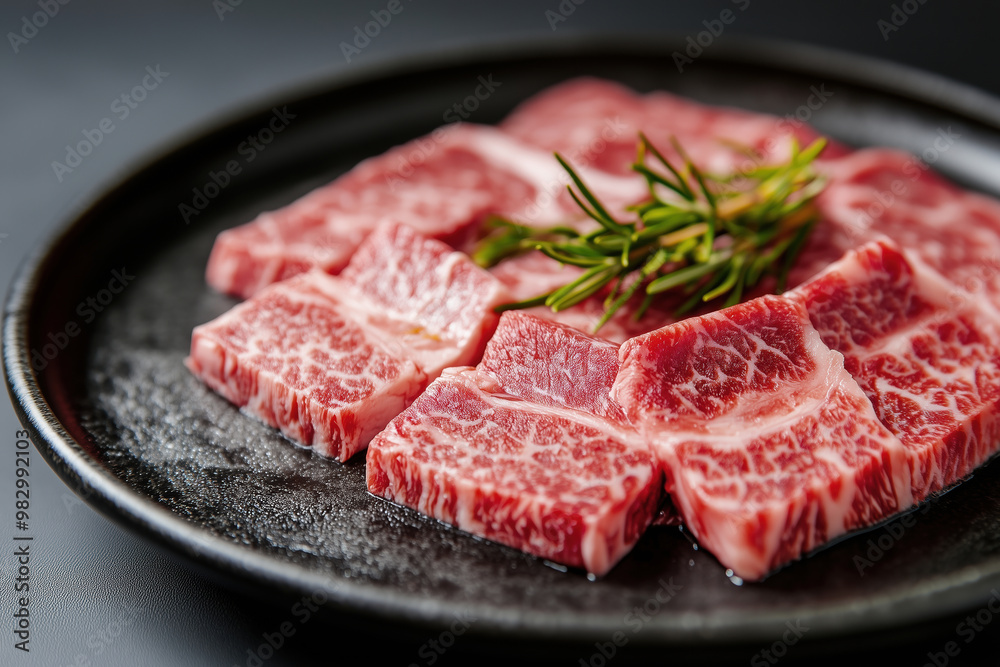 Sliced wagyu marbled beef for yakiniku on plate on black background. Sliced wagyu marbled beef for yakiniku on plate on black background.