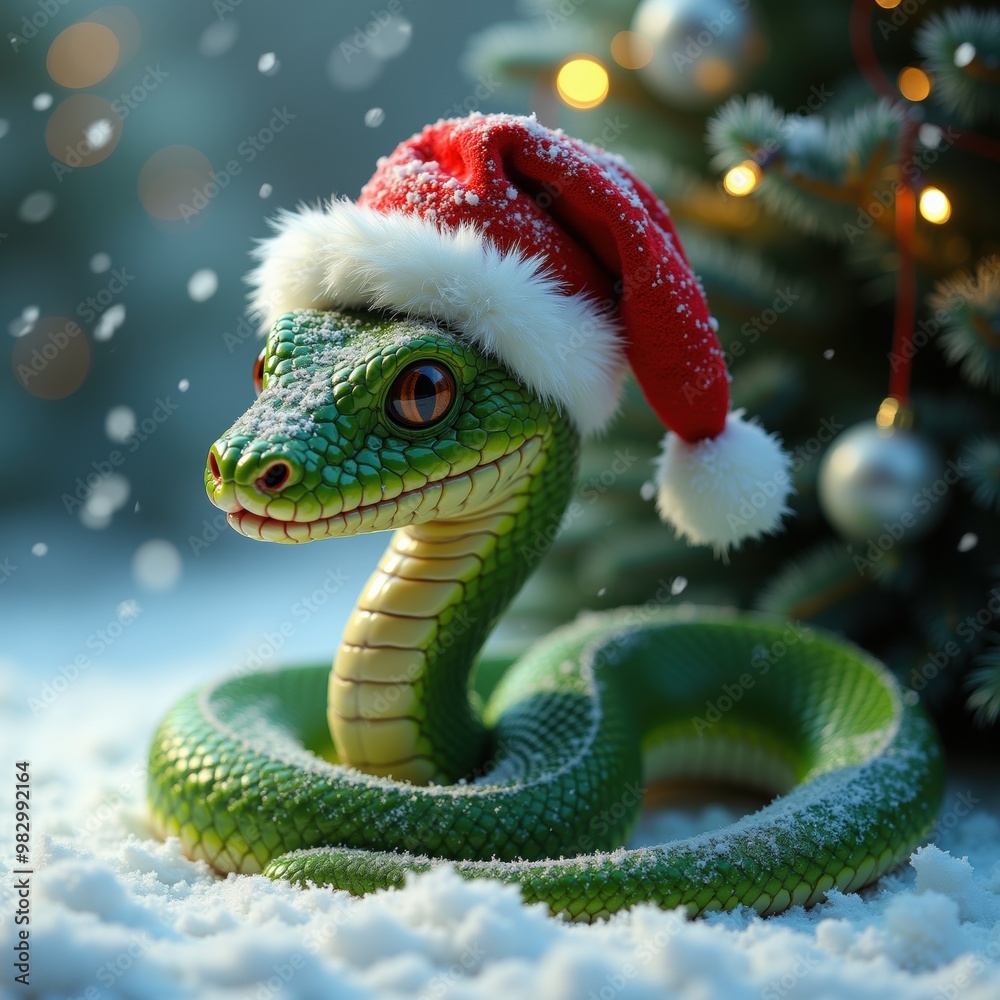 Fototapeta premium A festive green snake wearing a Santa hat, surrounded by snow and Christmas decorations, perfect for holiday-themed designs, cards, and marketing materials.