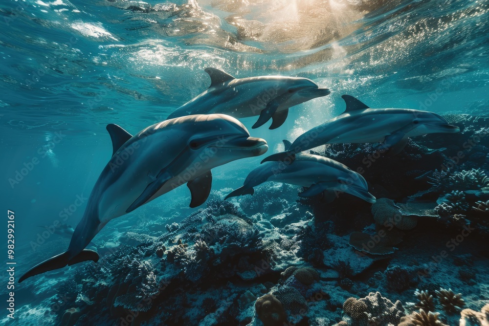 Naklejka premium Underwater View of Dolphins Swimming in the Deep Blue Ocean