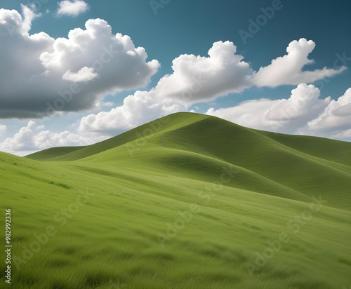 Scenic view of vibrant green rolling hills with a blue sky filled with fluffy clouds, perfect for nature or landscape designs. 