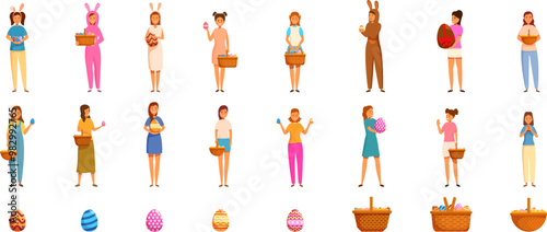 Girl holding Easter eggs icons set. This set of icons features people celebrating easter sunday with painted eggs and baskets