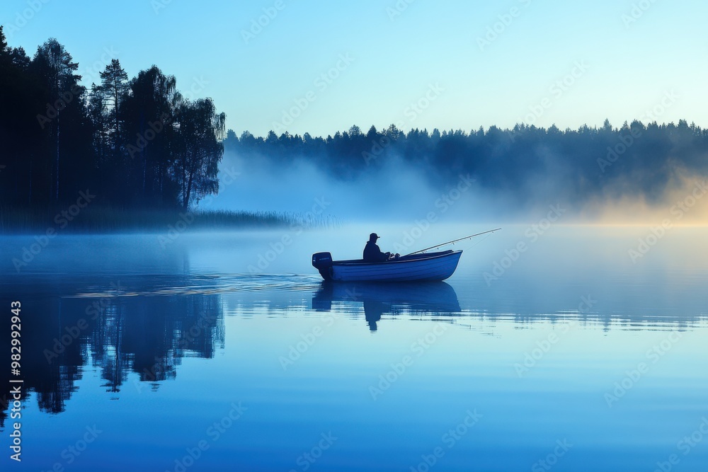 Trolling Fishing at a Swedish Lake in the Peaceful Morning Trolling Fishing at a Swedish Lake in the Peaceful Morning