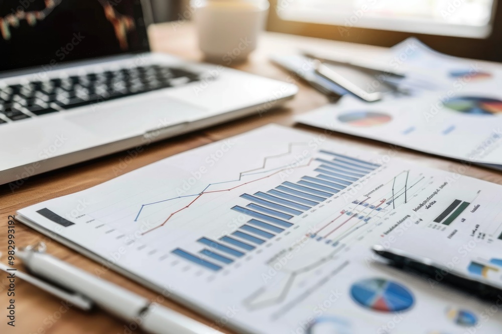 Business Charts and Financial Analysis with Pen and Laptop on Desk Business Charts and Financial Analysis with Pen and Laptop on Desk