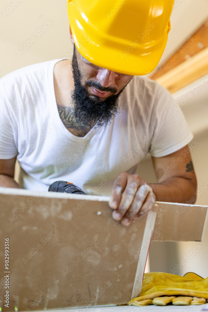 A construction worker in a bright yellow safety helmet focuses on a complex project, demonstrating expertise and commitment to safety and efficiency, ensuring all work meets high standards A construction worker in a bright yellow safety helmet focuses on a complex project, demonstrating expertise and commitment to safety and efficiency, ensuring all work meets high standards
