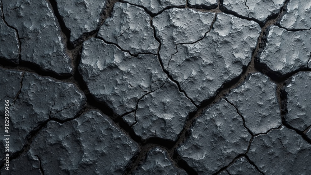 Fototapeta premium Rough basalt texture in dark gray with deep pits and cracks