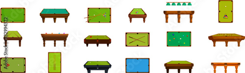 Snooker table icons set. Big set of billiard or snooker tables with green cloth in different positions showing top view and side view