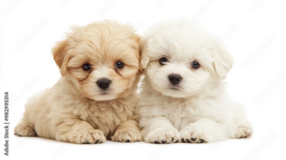 Two Puppies. Adorable Canine Companions Sitting on White Background