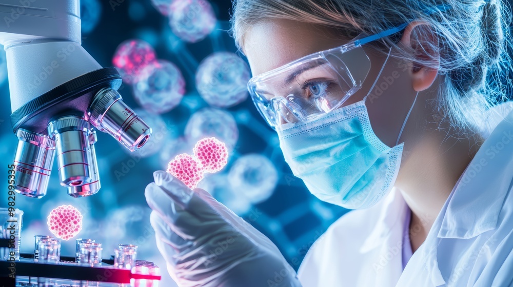 A researcher analyzing a sample of genetically modified cells in a lab, developing cutting-edge medicines for personalized treatment plans based on patients' DNA. A researcher analyzing a sample of genetically modified cells in a lab, developing cutting-edge medicines for personalized treatment plans based on patients' DNA.